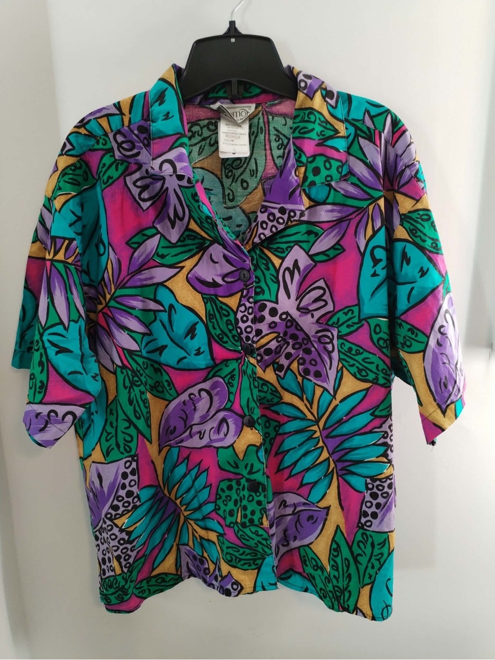 Women’s Vintage Sears Tropical Print Short Sleeve Shirt - Purple/Teal/Gold - XL